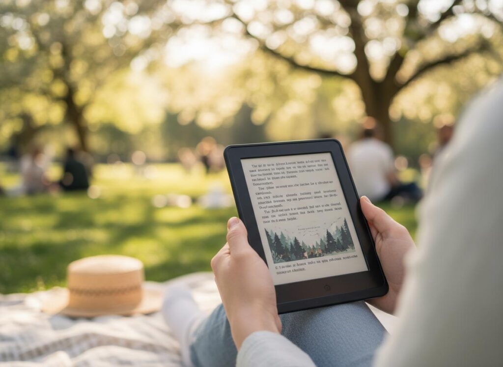 reading an e-book sat down in the park